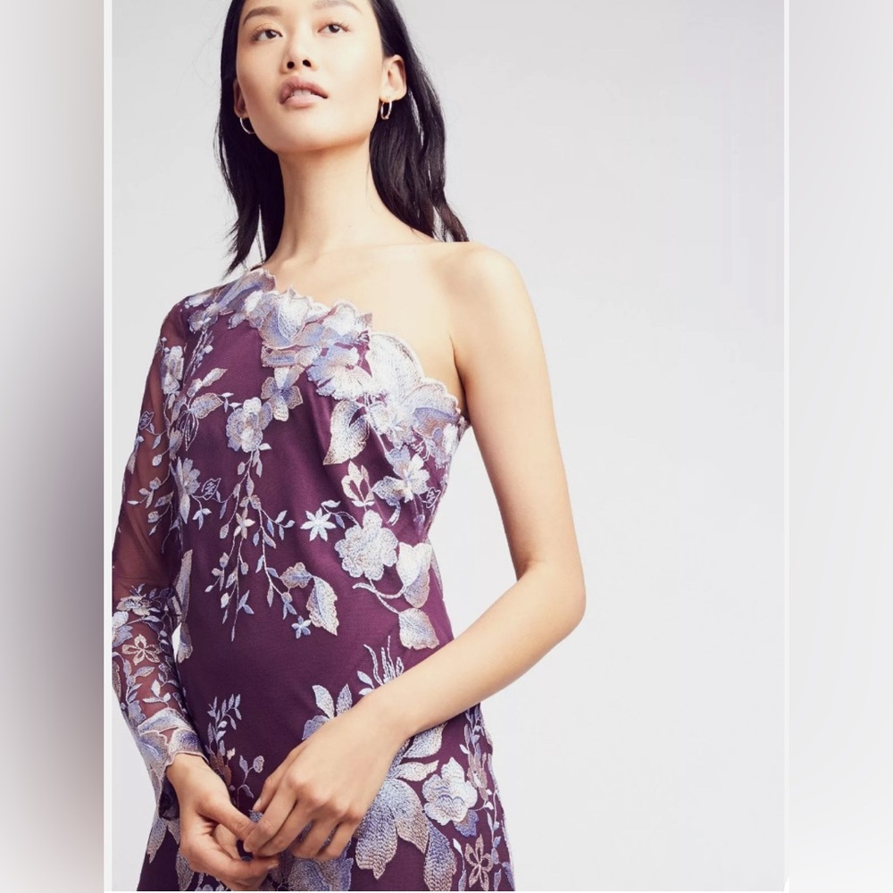 Free People Rosalie Embroidered Mini Dress 1-Shoulder Floral Wine Size 6